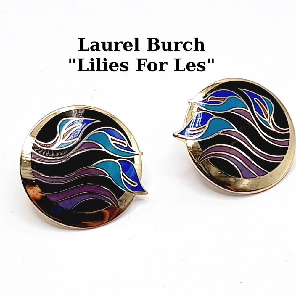 Vintage Laurel Burch "Lilies for Les" Post Earrings, Purple Blue, Gold Plated
